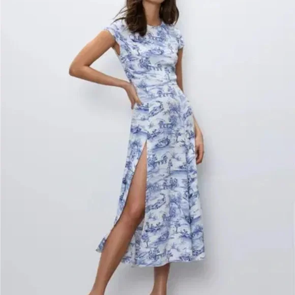 Babaton | Dresses | Babaton Toile Hamptons Scenic Blue And White Open Back  High Slit Dress In Size 6 | Poshmark